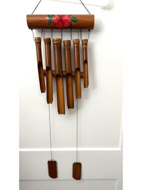Handmade Bamboo Wind Chime Hibiscus Hand Painted Bali Indonesia Beachcombers NWT